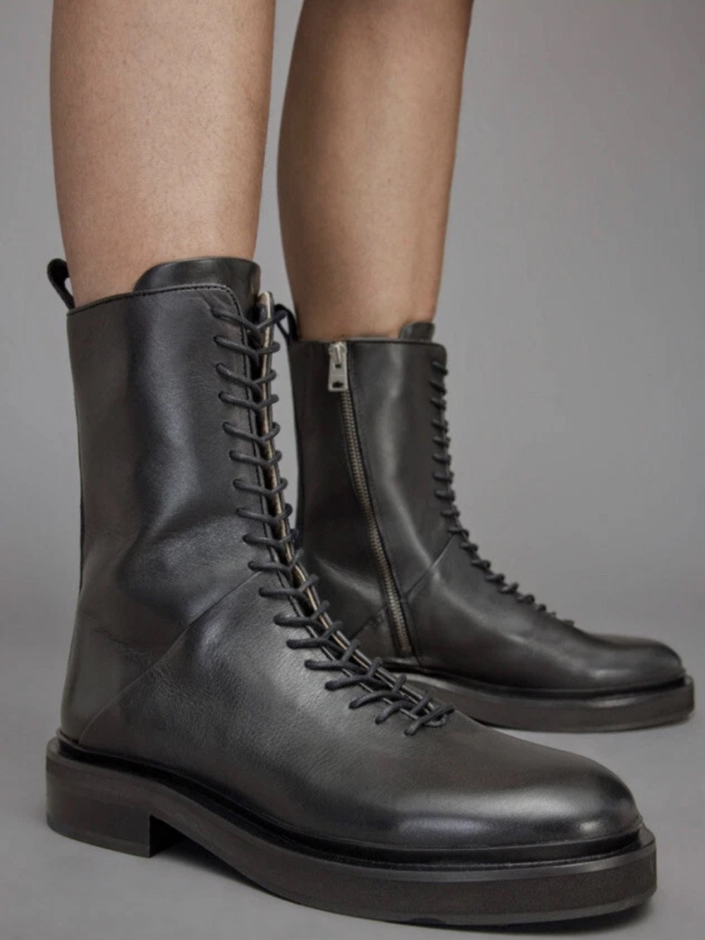 All Saints Womens Mina Black Leather Lace Up Boots  36/6 US $379 Combat Zip Side